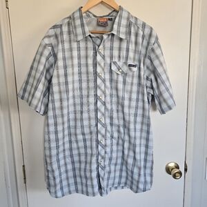 Merrell Men's Gray Blue Plaid Short Sleeve Shirt L Snap Front